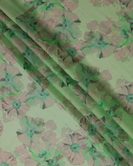Olive Sage Green Mauve Floral Pure Silk Chiffon Fabric