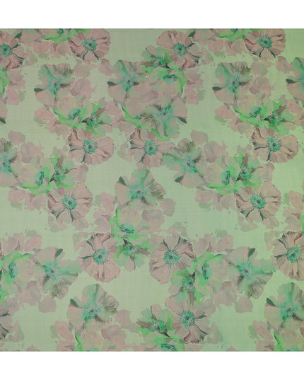 Olive Sage Green Mauve Floral Pure Silk Chiffon Fabric