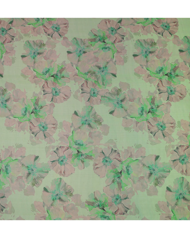 Olive Sage Green Mauve Floral Pure Silk Chiffon Fabric