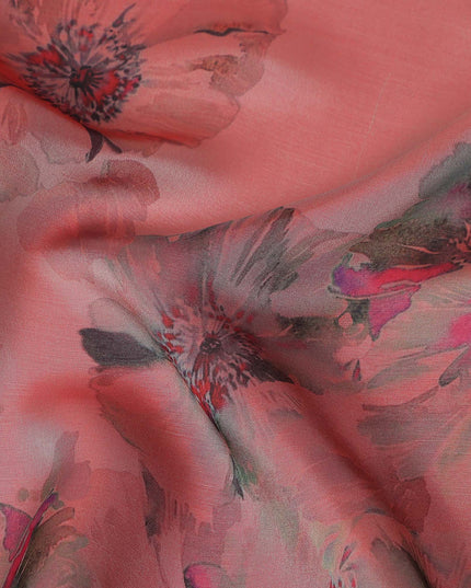Dusty Coral Pink Shadow Floral Pure Silk Chiffon Fabric