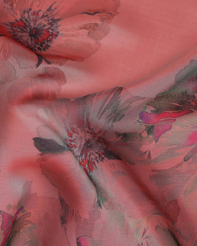 Dusty Coral Pink Shadow Floral Pure Silk Chiffon Fabric