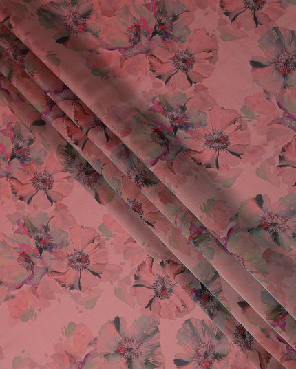 Dusty Coral Pink Shadow Floral Pure Silk Chiffon Fabric