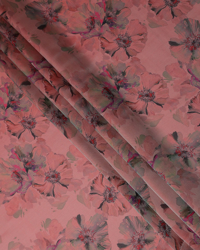 Dusty Coral Pink Shadow Floral Pure Silk Chiffon Fabric