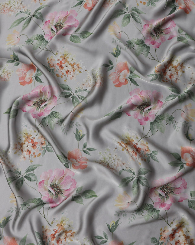Dove Grey Coral Floral Pure Silk Chiffon Fabric
