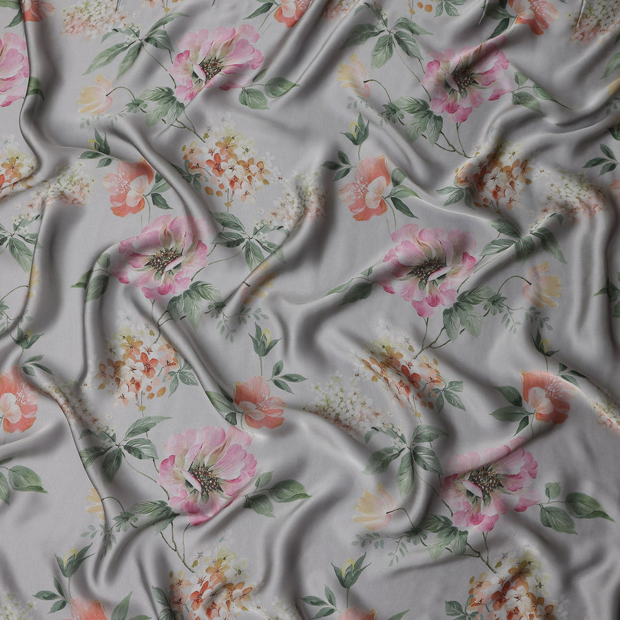 Dove Grey Coral Floral Pure Silk Chiffon Fabric