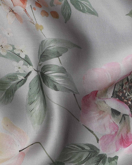 Dove Grey Coral Floral Pure Silk Chiffon Fabric