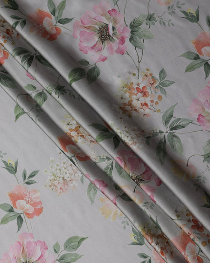 Dove Grey Coral Floral Pure Silk Chiffon Fabric
