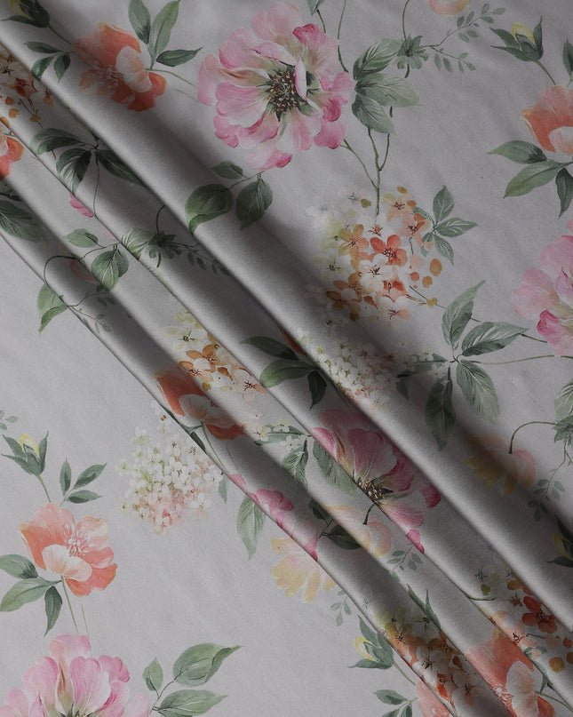 Dove Grey Coral Floral Pure Silk Chiffon Fabric