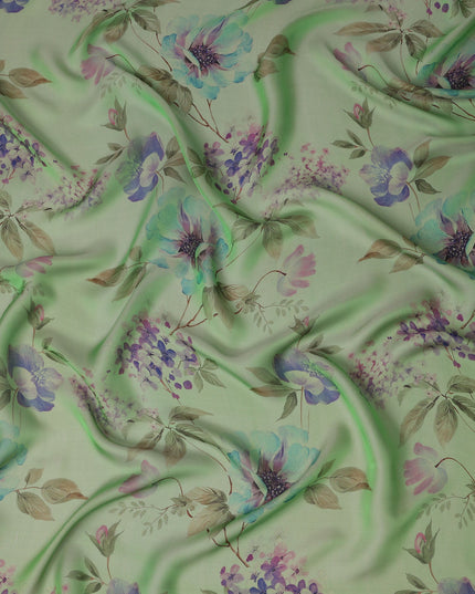 Soft Fern Green Lavender Floral Pure Silk Chiffon Fabric