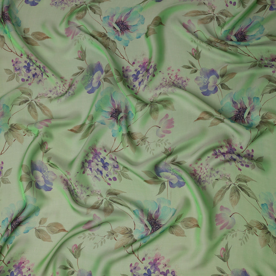 Soft Fern Green Lavender Floral Pure Silk Chiffon Fabric