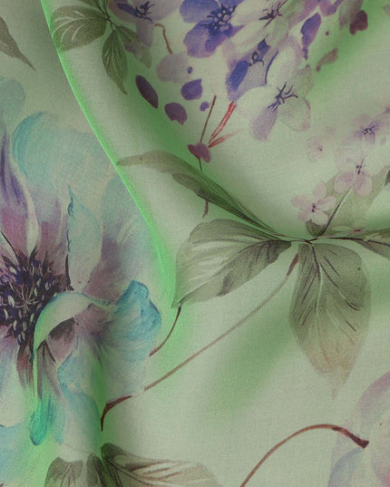 Soft Fern Green Lavender Floral Pure Silk Chiffon Fabric