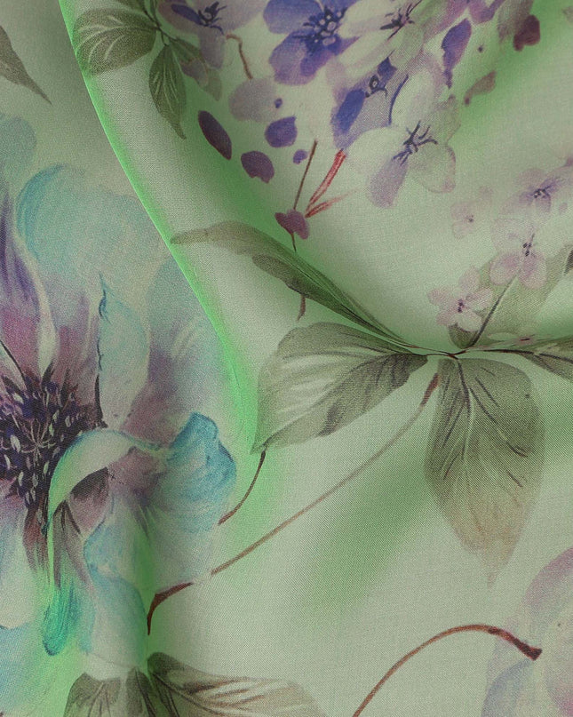 Soft Fern Green Lavender Floral Pure Silk Chiffon Fabric