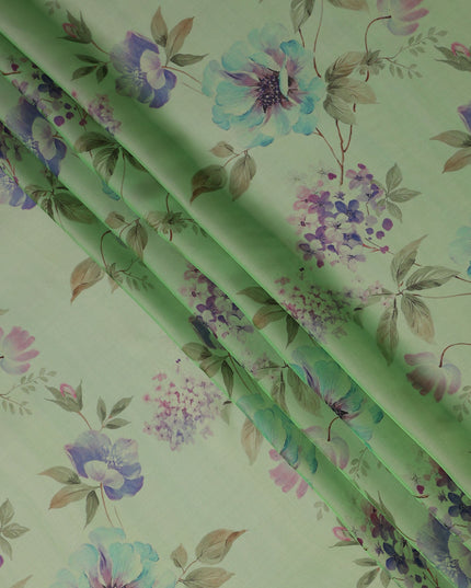 Soft Fern Green Lavender Floral Pure Silk Chiffon Fabric