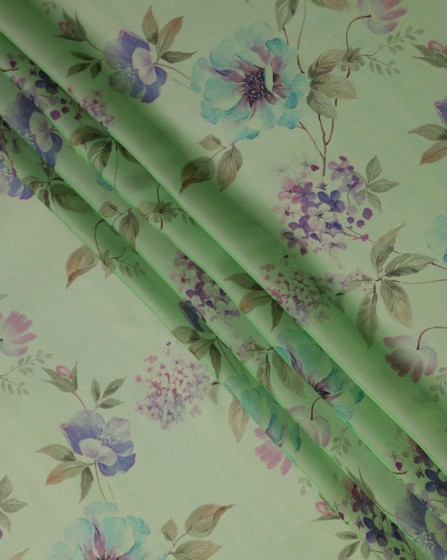 Soft Fern Green Lavender Floral Pure Silk Chiffon Fabric