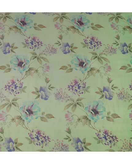 Soft Fern Green Lavender Floral Pure Silk Chiffon Fabric