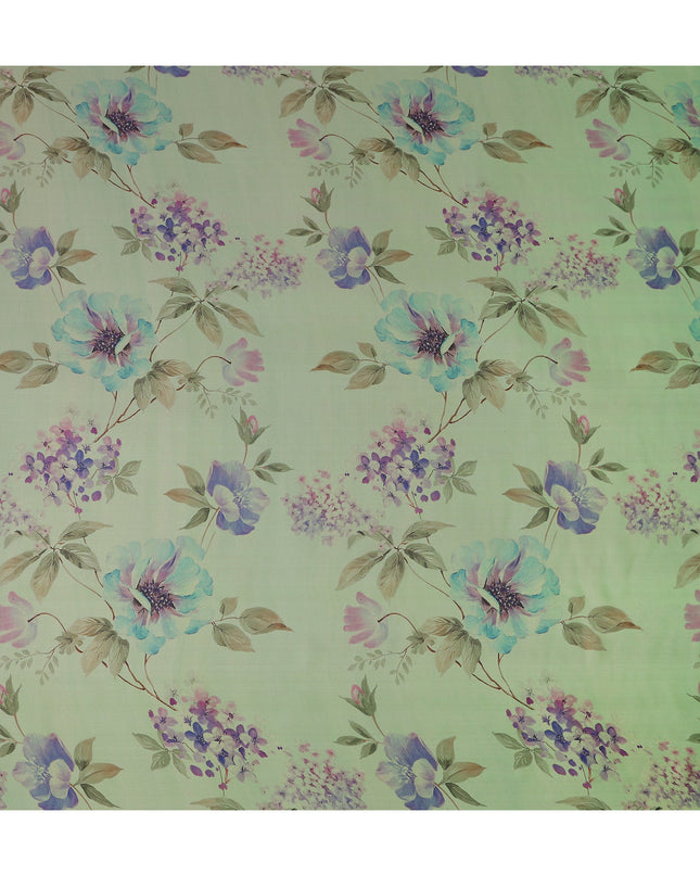 Soft Fern Green Lavender Floral Pure Silk Chiffon Fabric