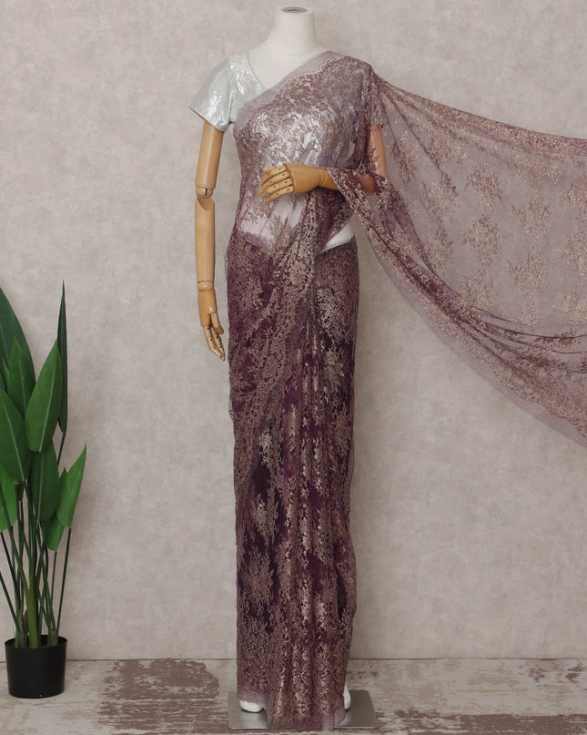 Plum Purple French Chantilly Lace Saree 5.5m
