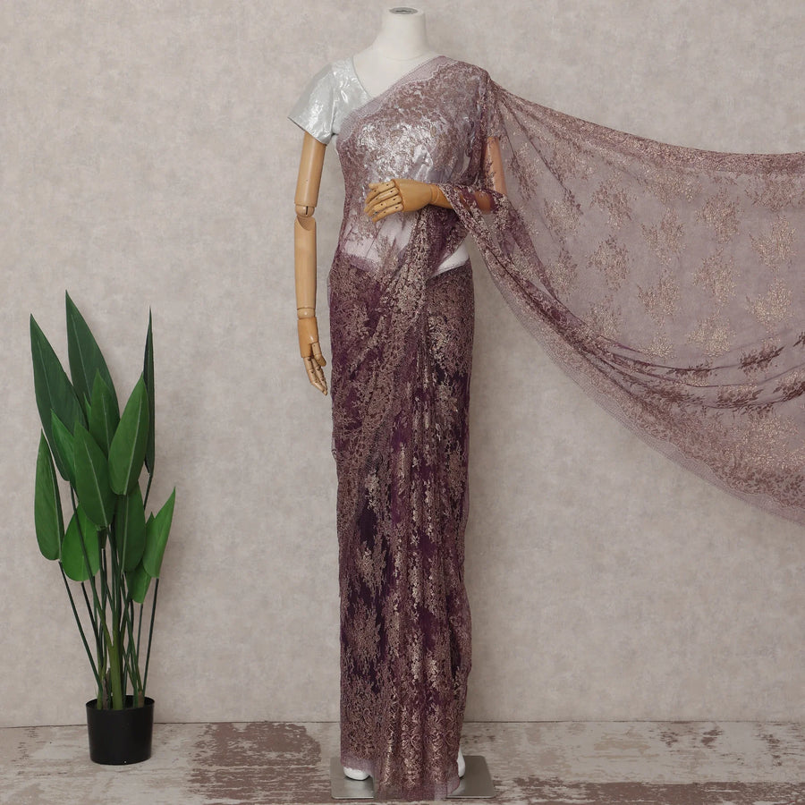Plum Purple French Chantilly Lace Saree 5.5m