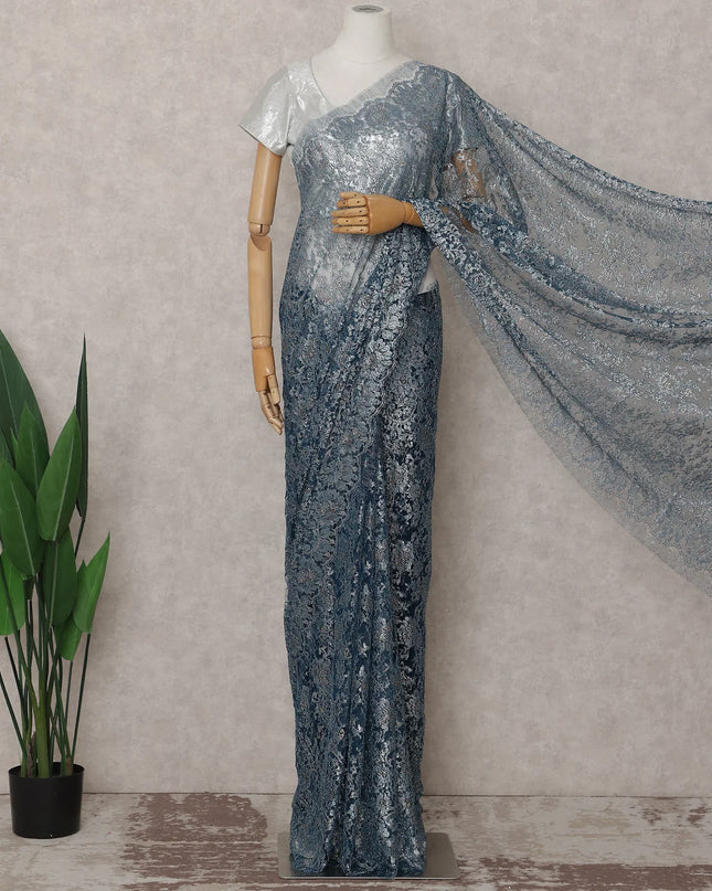 Steel Blue French Chantilly Lace Saree 5.5m