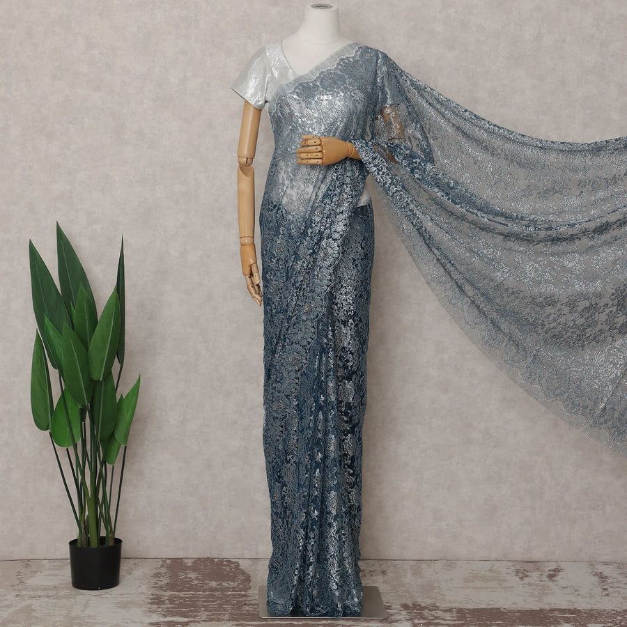 Steel Blue French Chantilly Lace Saree 5.5m