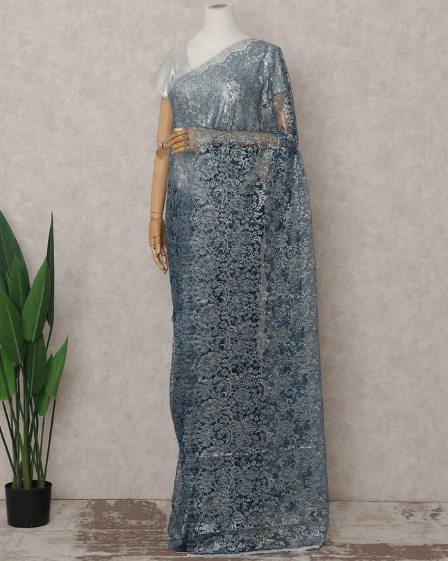 Steel Blue French Chantilly Lace Saree 5.5m