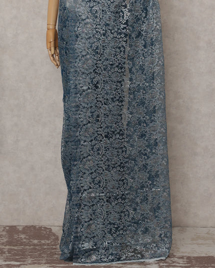 Steel Blue French Chantilly Lace Saree 5.5m