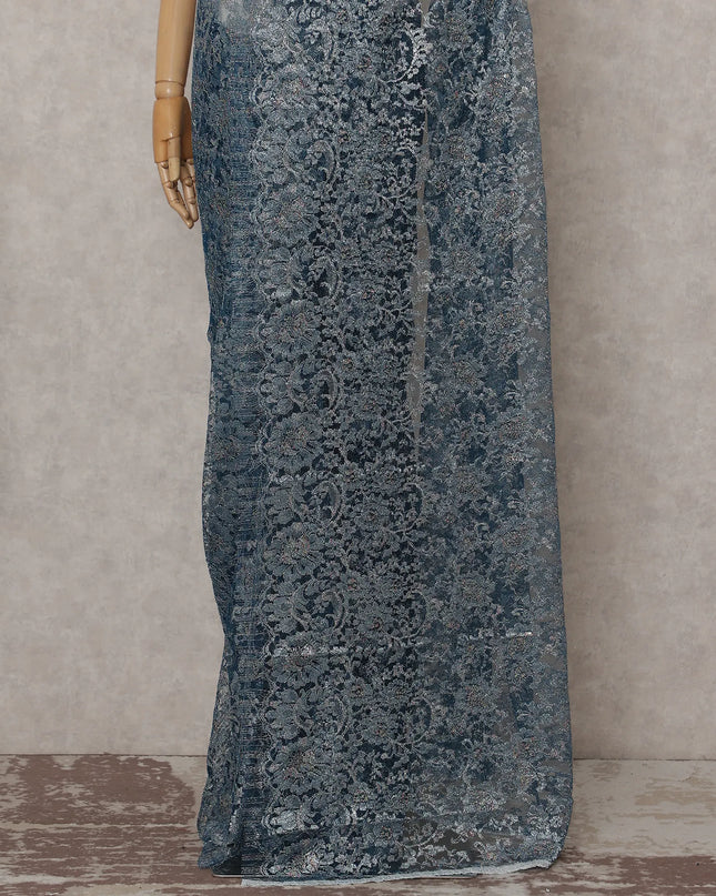 Steel Blue French Chantilly Lace Saree 5.5m