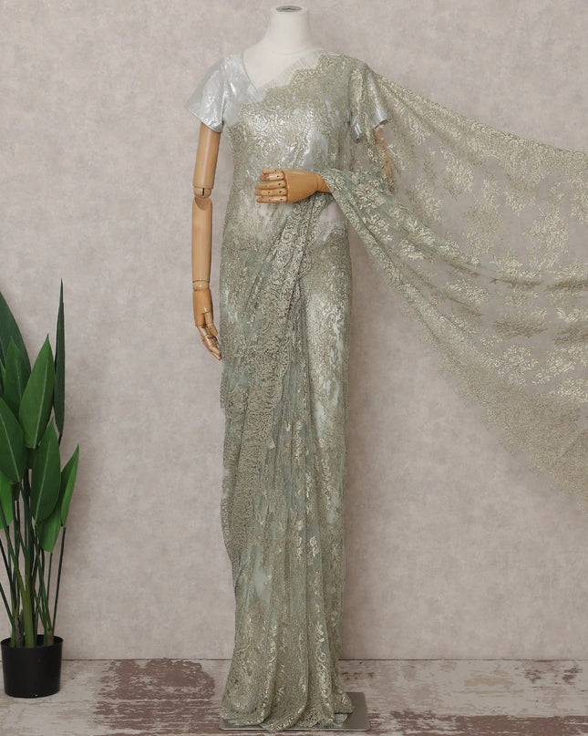 Mint Sage Green French Chantilly Lace Saree 5.5m