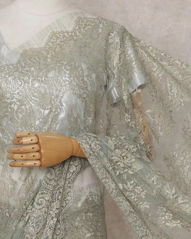 Mint Sage Green French Chantilly Lace Saree 5.5m