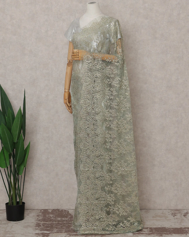 Mint Sage Green French Chantilly Lace Saree 5.5m