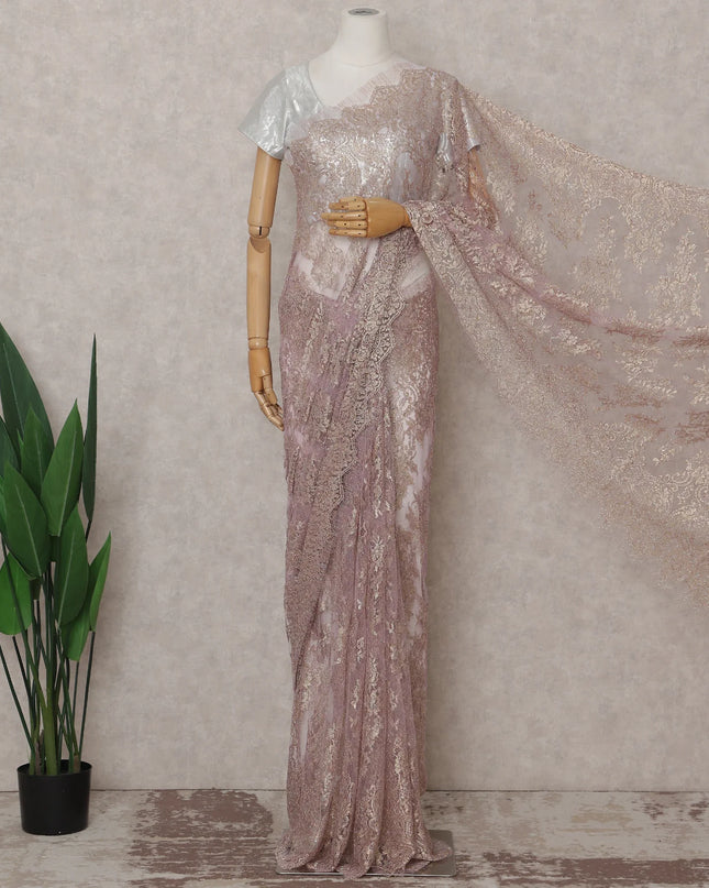 Blush Mauve Pink French Chantilly Lace Saree 5.5m