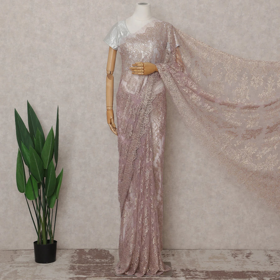 Blush Mauve Pink French Chantilly Lace Saree 5.5m
