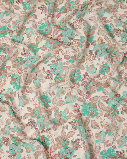 Cream Teal Floral Printed Viscose Crepe Fabric 110 Cms Width India-D27740
