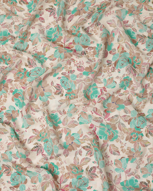 Cream Teal Floral Printed Viscose Crepe Fabric 110 Cms Width India-D27740