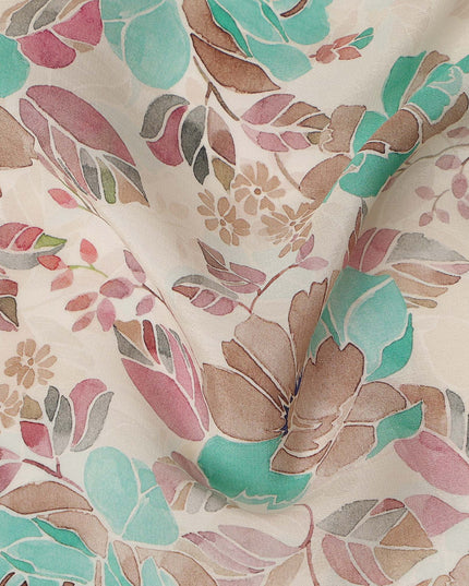 Cream Teal Floral Printed Viscose Crepe Fabric 110 Cms Width India-D27740