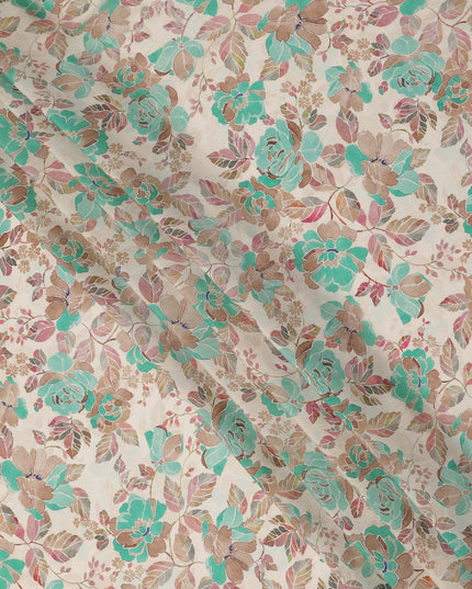Cream Teal Floral Printed Viscose Crepe Fabric 110 Cms Width India-D27740