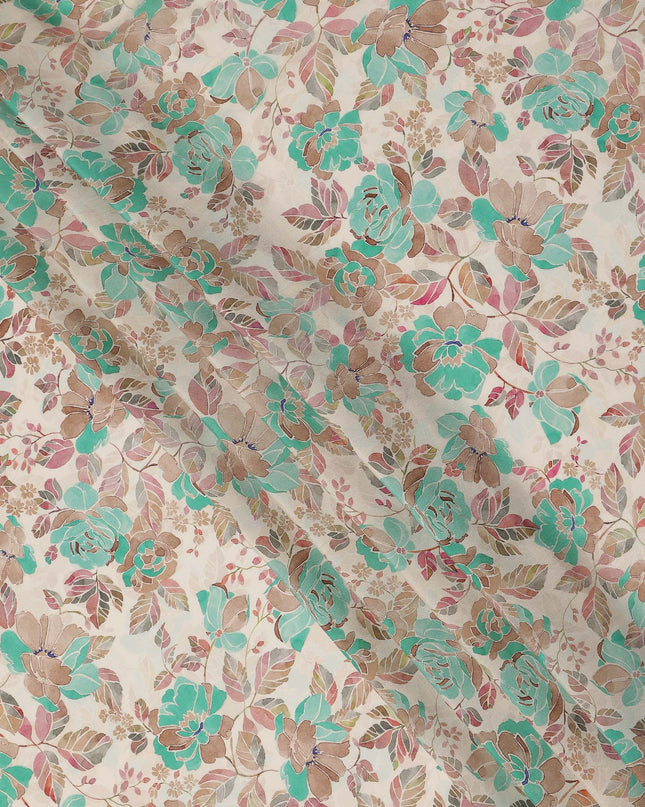 Cream Teal Floral Printed Viscose Crepe Fabric 110 Cms Width India-D27740