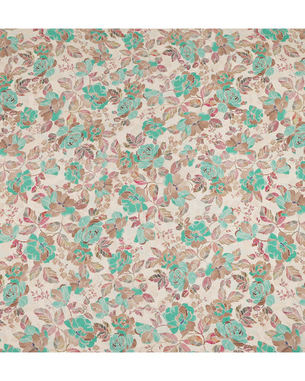 Cream Teal Floral Printed Viscose Crepe Fabric 110 Cms Width India-D27740