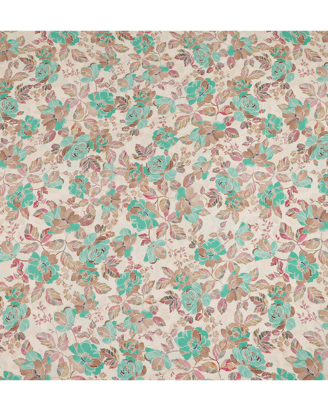 Cream Teal Floral Printed Viscose Crepe Fabric 110 Cms Width India-D27740