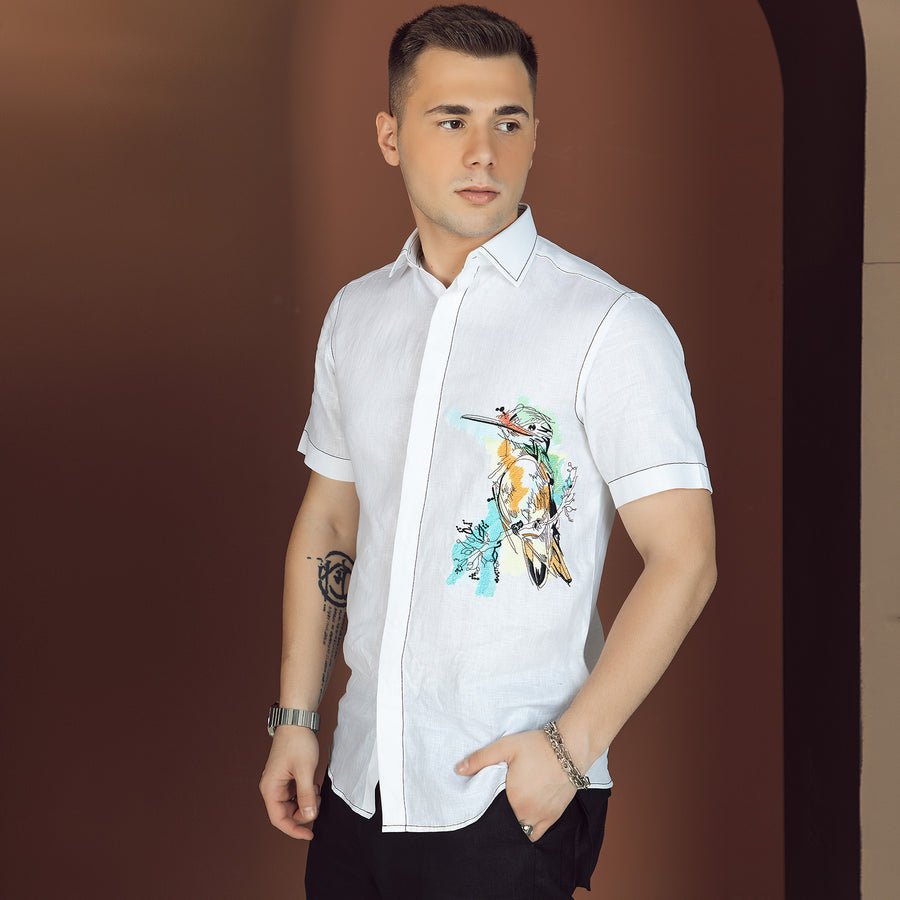 The Art Shirt - Customized Embroidered Pure Linen 60 Lea White Shirt-02