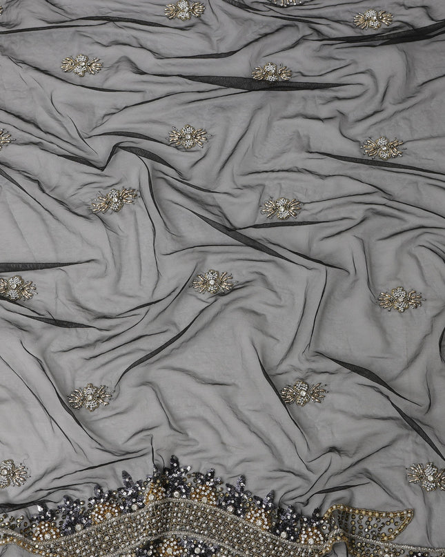 Grey Nylon Tulle Floral Embroidered Fabric with Sequins and Beads, 140 cm Width, Made in India-D23483