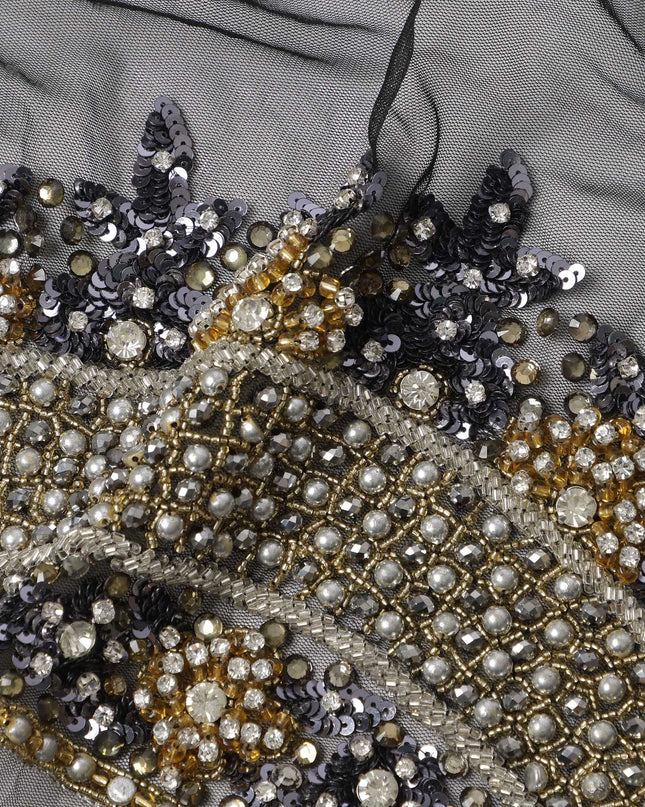 Grey Nylon Tulle Floral Embroidered Fabric with Sequins and Beads, 140 cm Width, Made in India-D23483