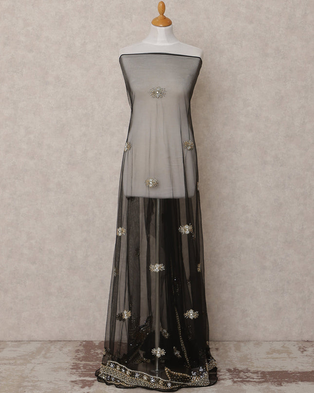 Grey Nylon Tulle Floral Embroidered Fabric with Sequins and Beads, 140 cm Width, Made in India-D23483