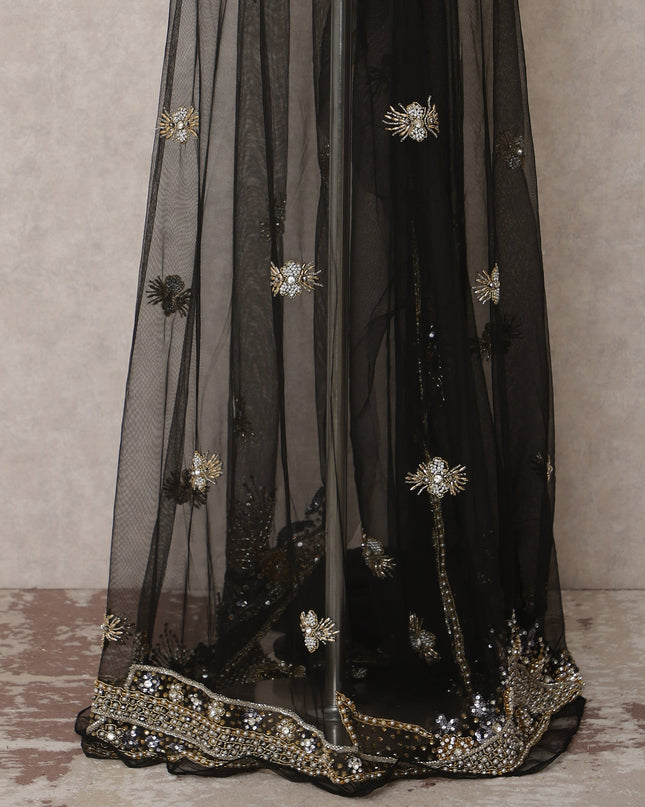 Grey Nylon Tulle Floral Embroidered Fabric with Sequins and Beads, 140 cm Width, Made in India-D23483