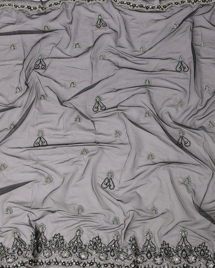 Lavender Grey Embroidered Nylon Tulle Fabric with Sequin and Thread Buti & Border Work, 140 cm Width, Made in India-D23484