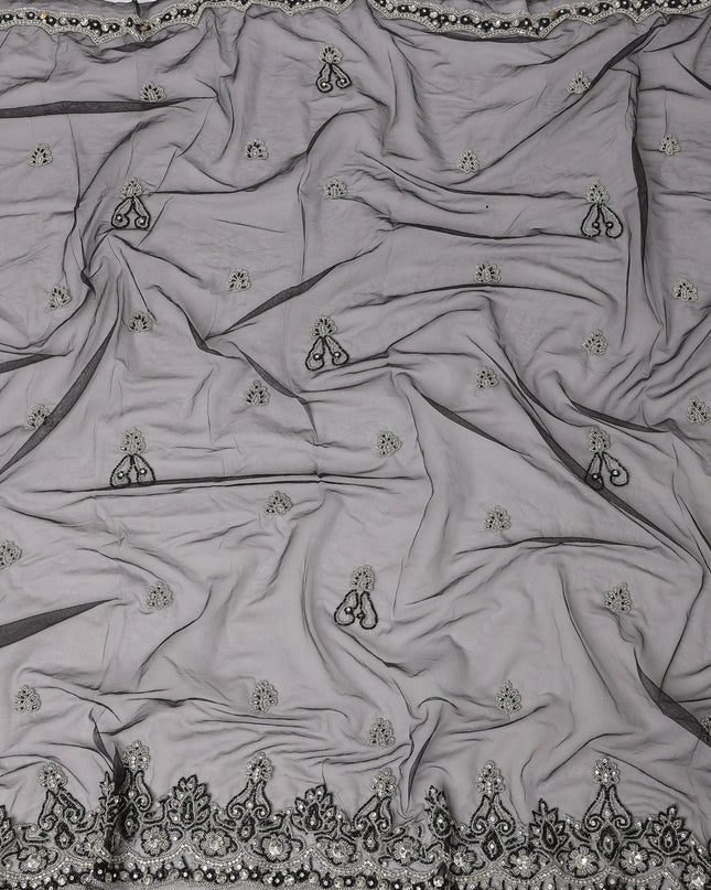 Lavender Grey Embroidered Nylon Tulle Fabric with Sequin and Thread Buti & Border Work, 140 cm Width, Made in India-D23484