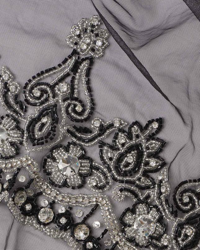 Lavender Grey Embroidered Nylon Tulle Fabric with Sequin and Thread Buti & Border Work, 140 cm Width, Made in India-D23484