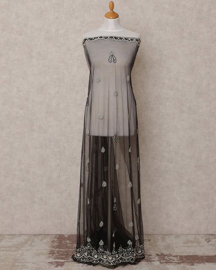 Lavender Grey Embroidered Nylon Tulle Fabric with Sequin and Thread Buti & Border Work, 140 cm Width, Made in India-D23484