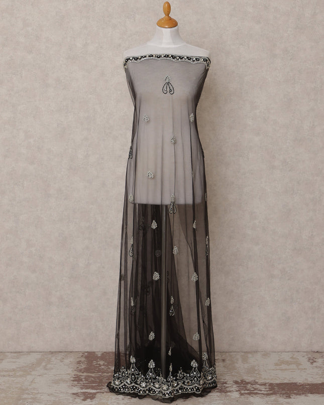 Lavender Grey Embroidered Nylon Tulle Fabric with Sequin and Thread Buti & Border Work, 140 cm Width, Made in India-D23484