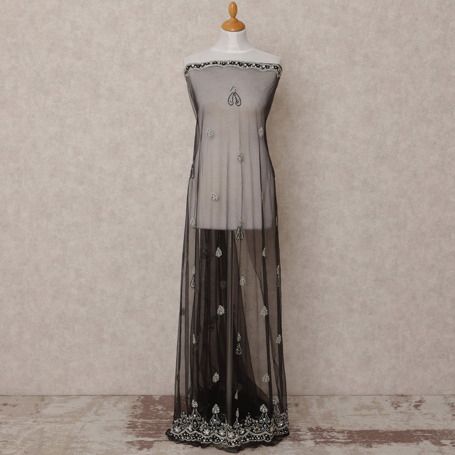 Lavender Grey Embroidered Nylon Tulle Fabric with Sequin and Thread Buti & Border Work, 140 cm Width, Made in India-D23484